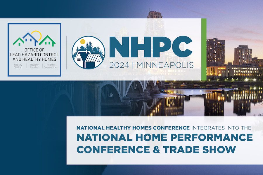 Photo of the Minneapolis skyline. Overlaid is the NHPC'23 logo and text that reads, "National Healthy Homes Conference Integrates Into The National Home Performance Conference & Trade Show."