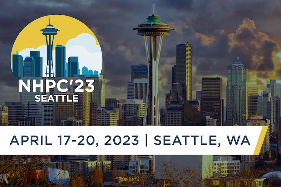 Background of the city skyline of Seattle, Washington. Overlaid is the NHPC'23 logo and text "April 17-20, 2023 | Seattle, WA"