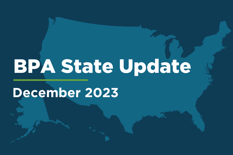 A banner image of a US map that reads "BPA State Update December 2023"